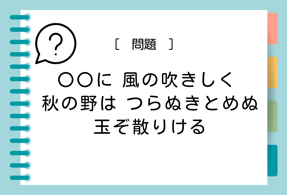 「〇〇に 風の吹きしく 秋の野は つらぬきとめぬ 玉ぞ散りける」〇〇に入る言葉は？