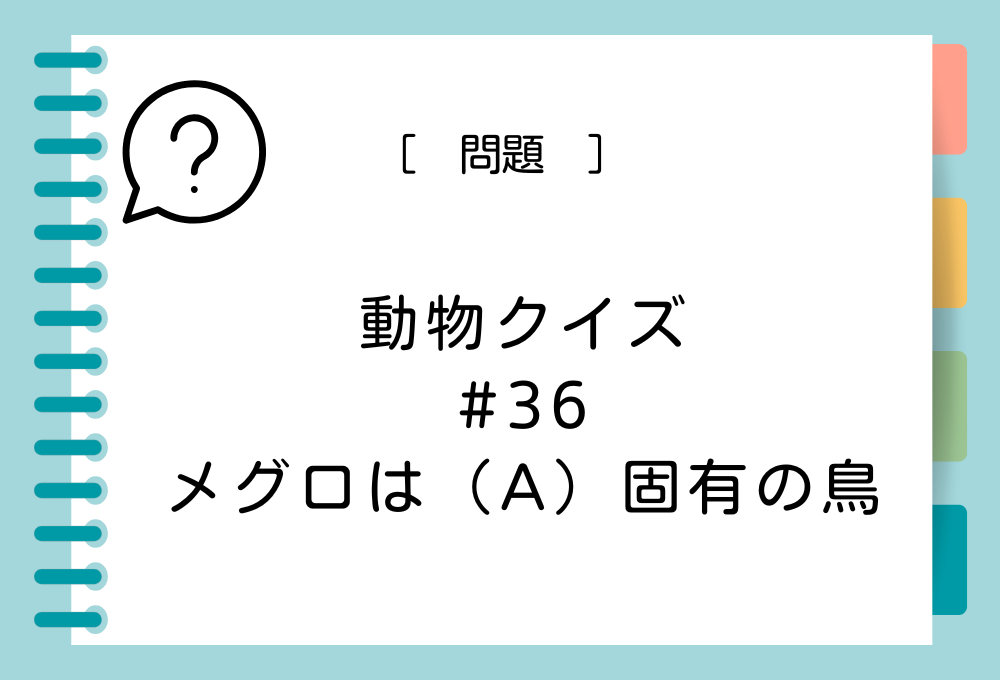 メグロは（A）固有の鳥。（A）に入る言葉は？